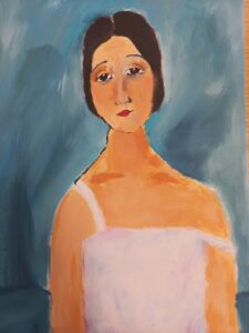 Melek, 4.Klasse, "Junge Frau" (nach Modigliani), Acryl auf Leinwand, 40x30cm